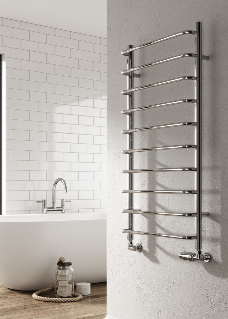Aliano towel rail in white tiled bathroom