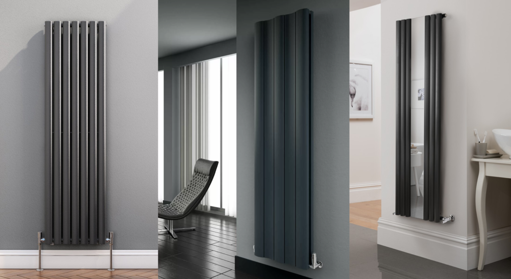 Anthracite Radiators: Close up of modern horizontal anthracite grey radiator against white wall. Contemporary matte charcoal heating unit provides efficient warmth with stylish minimalist design. Premium quality anthracite radiators on sale now.