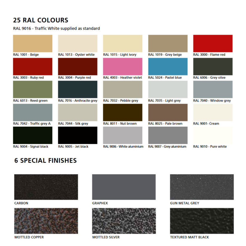 Colour chart showing special finishes and RAL colours for this designer radiator