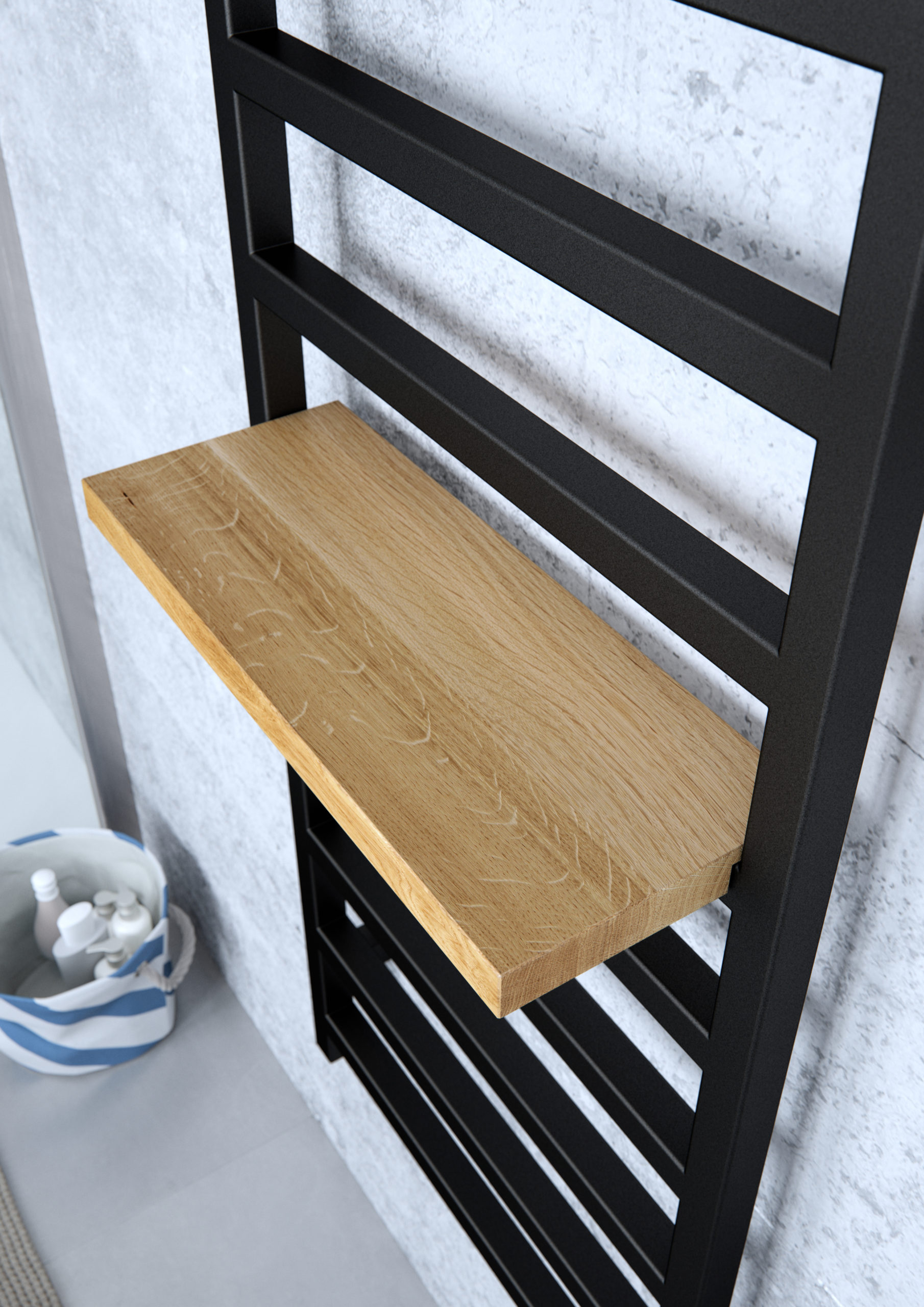 EAN 5901804169984 Heated Towel Rail Simple 1080x500 Black - lifestyle with shelf