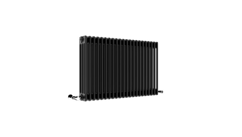 This is a 4 column traditional radiator in matt black It has a height of 600mm and width of 988mm