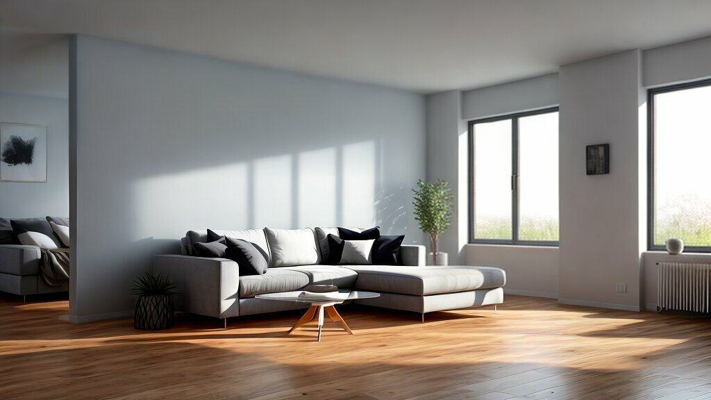 Stylish designer aluminium radiator with a modern living room in the background