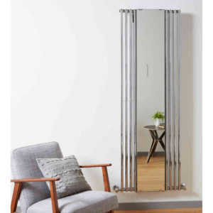 Vogue Vision Mirrored Designer Radiator: Radiator with white knitted premium cover styling a living room. Decorative radiator cover adds flair while protecting walls and individuals. Custom designer radiator covers to match any decors